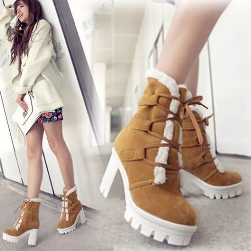 Women Winter Fleece Lined Platform Ankle Boots Lace Up Block High Heel Warm Snow Boots Fashion Casual Short Boots Lady Fur Shoes