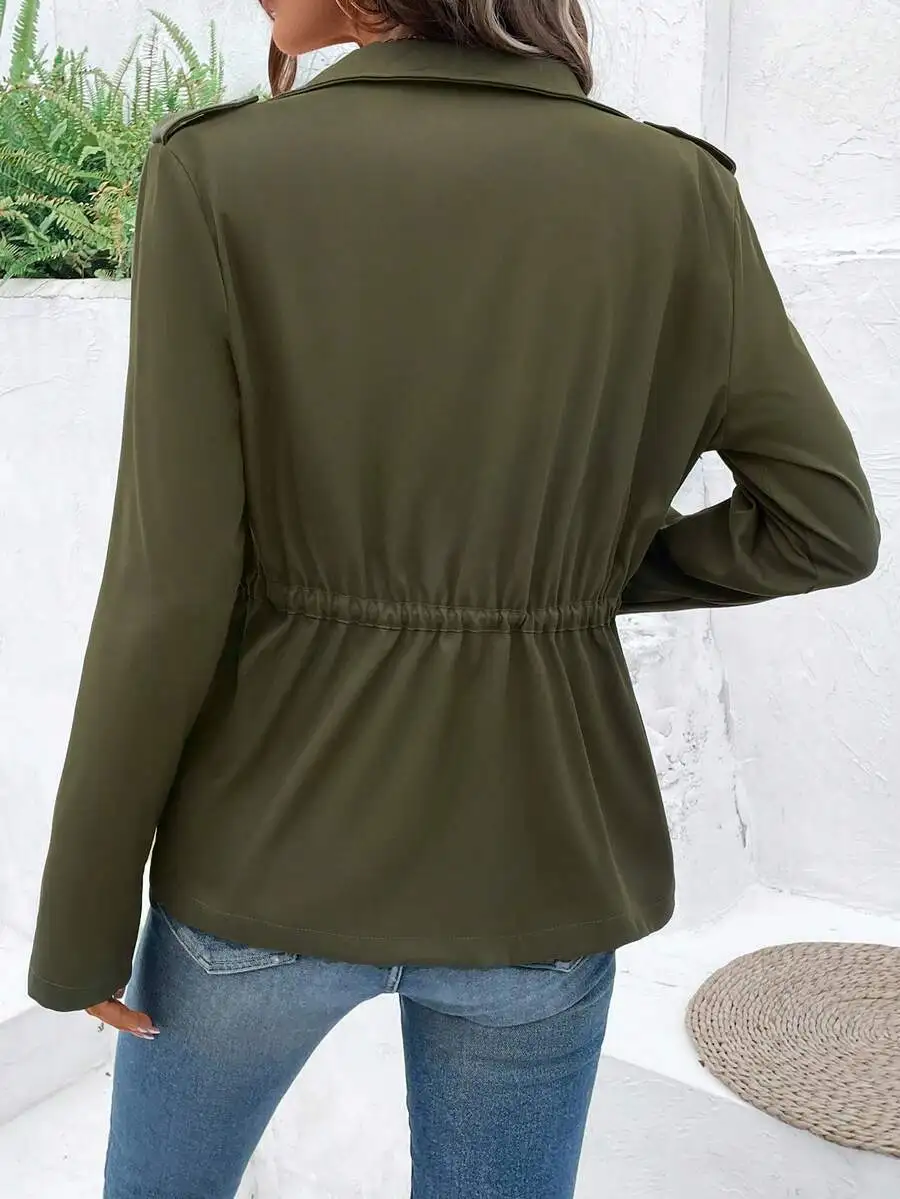 سترة نسائية عسكرية خضراء بسحاب وحزام خصر، ملابس خارجية كاجوال بأكمام طويلة لفصلي الخريف والشتاء