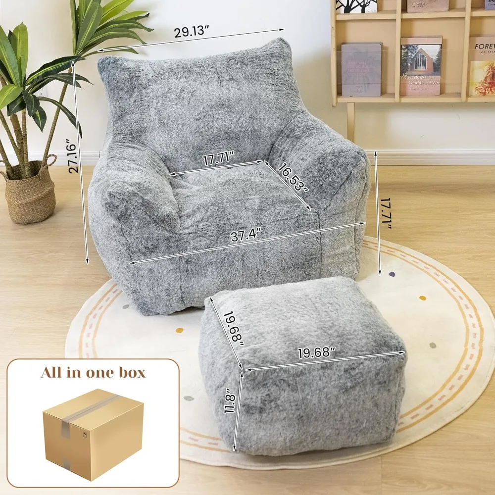 Bean Bag Chair with Ottoman, Armrest Bean Bag Chair with Filler, Ultra Soft Fluffy Faux Fur Bean Bag Chair with Foot Rest