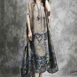 Folk Vintage Flowers Printed Dresses Casual Loose Women's Short Sleeve Spliced Summer Fashion Asymmetrical Straight Long Dress