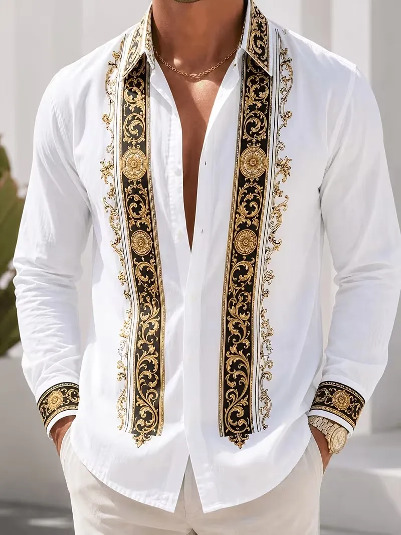 New white background black gold Baroque woven long sleeved shirt, light luxury vacation men's casual commuting shirt