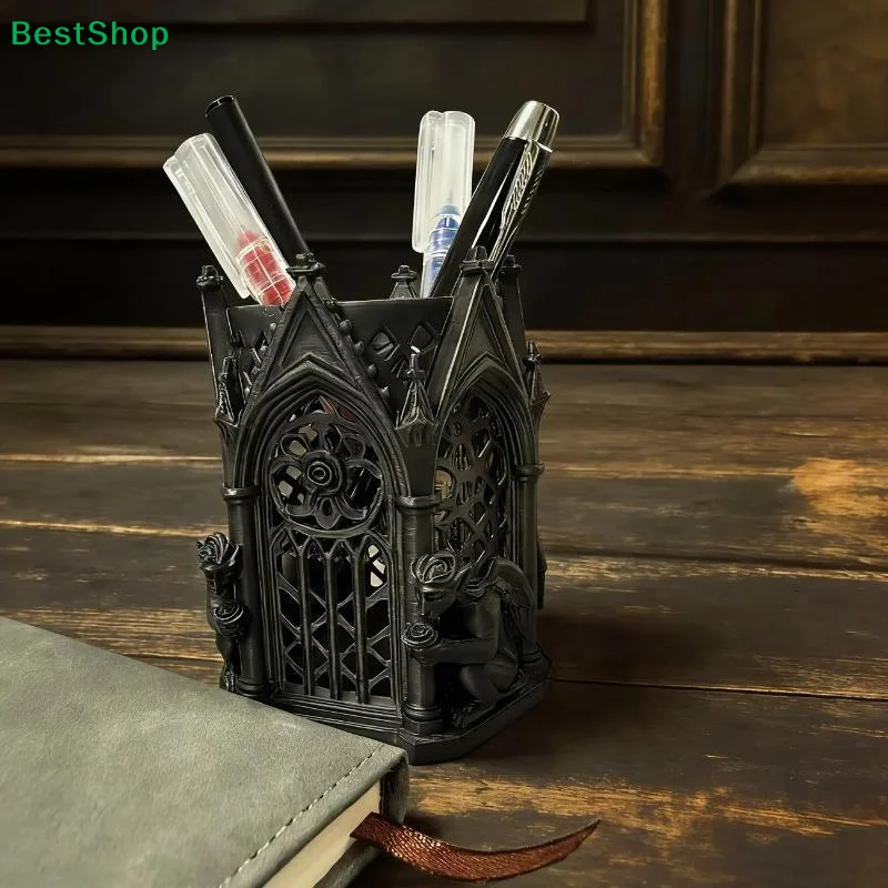 〔R〕3D Printed Gothic Architecture Pen Holder Multifunctional Makeup Brush Storage Box Desktop Decoration Gift