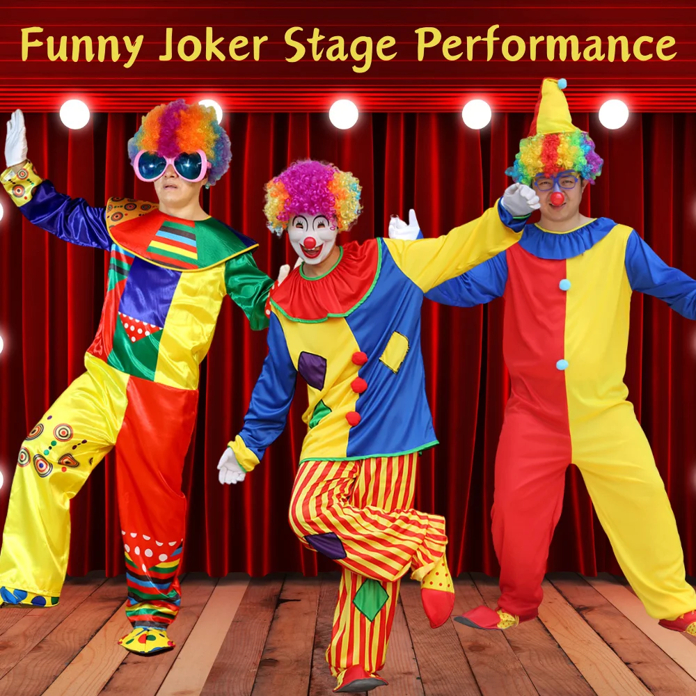 

Adult Jumpsuit Circus Clown Cosplay Costume Stage Performance Suit Carnival Party Clown Clothing with Accessories New Arrivals