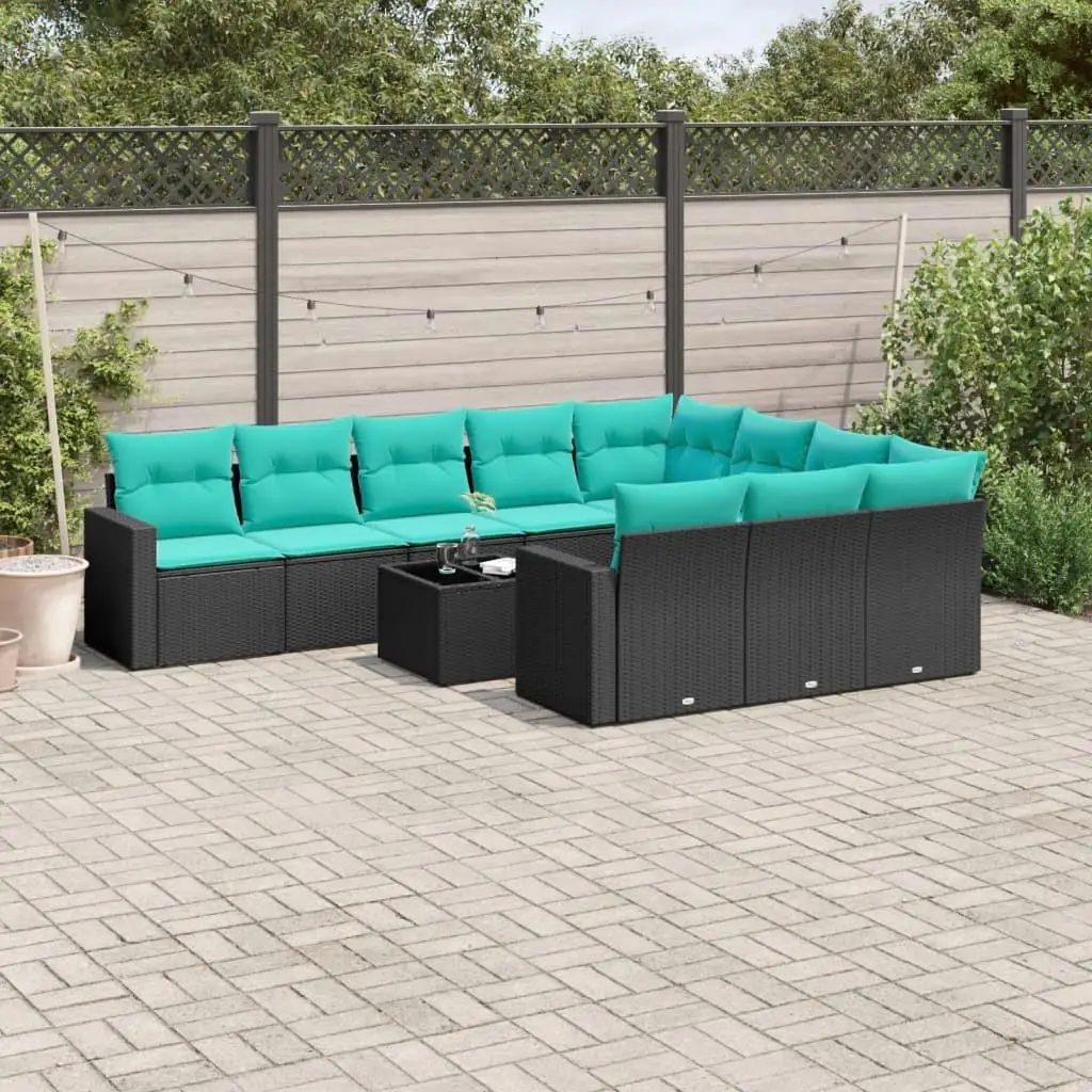 

11 Piece Outdoor Patio Sofa Set Cushioned Black Poly Rattan Garden Furniture