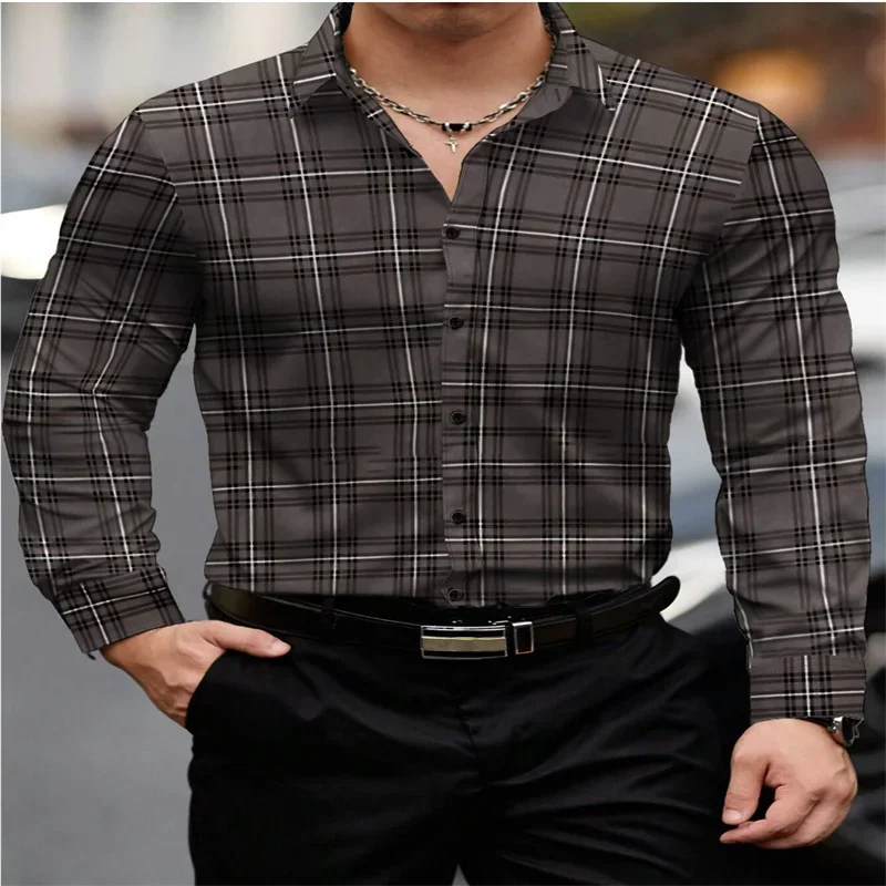 2025 new men's classic striped plaid long-sleeved shirt Men's classic red casual fashion shirt top