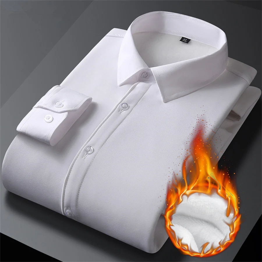 2024 Men's Autumn Winter Long Sleeve Shirt White Warm Fleece Plain Shirts Formal Business Office Wear Dress Shirts Plus Size 5XL