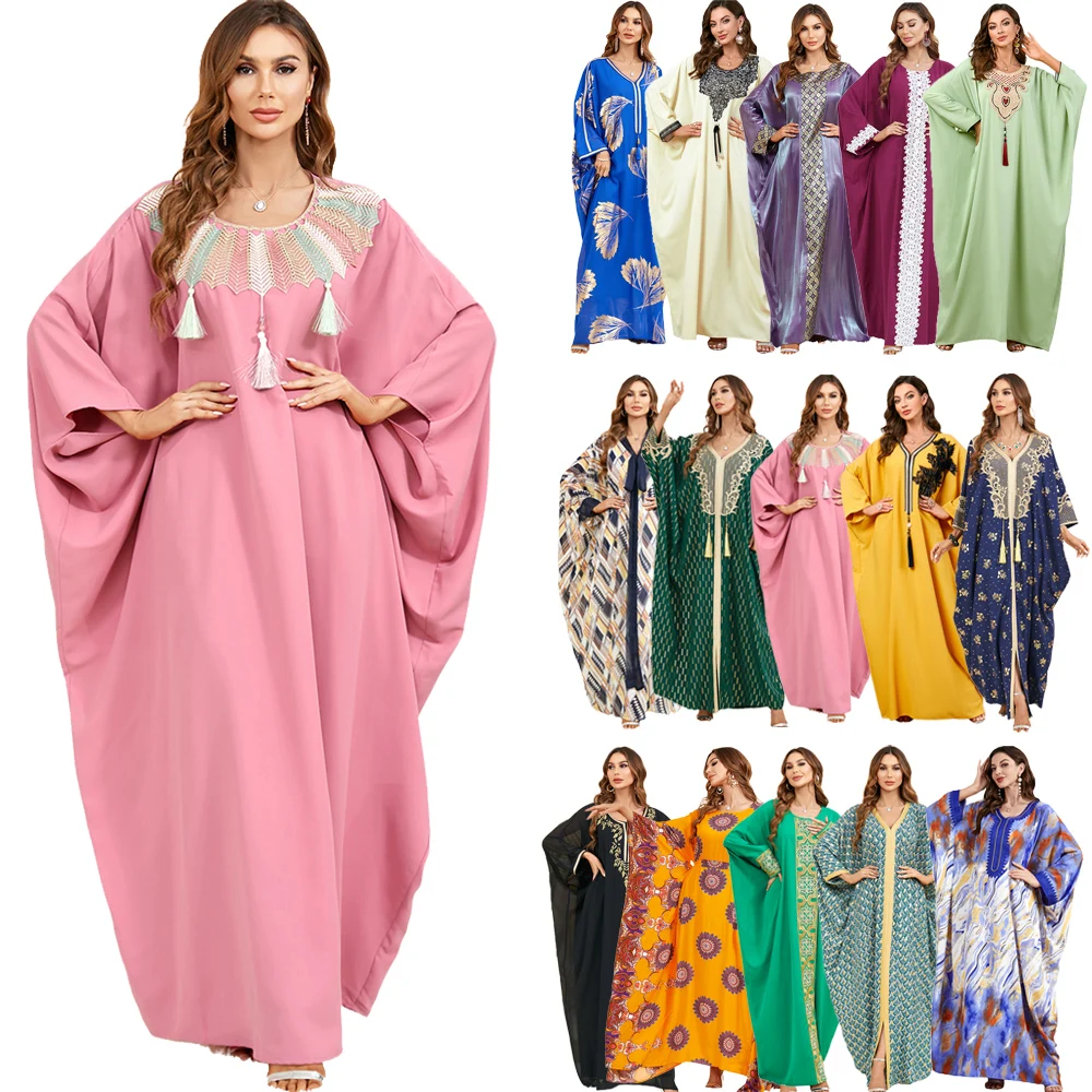 

Moroccan Kaftan Eid Ramadan Muslim Women Loose Maxi Dress Batwing Sleeve Abaya Islamic Clothing African Dashiki Dubai Robe Gown