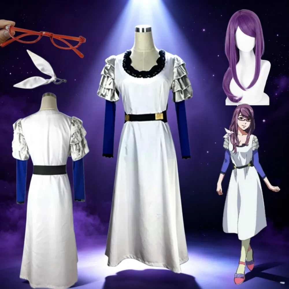 Tokyo Ghoul Rize Kamishiro Cosplay-Kostüm im gleichen Stil, weißes Kleid, Anime-Charakter-Outfit für Halloween, Comic Con, Rollenspiel