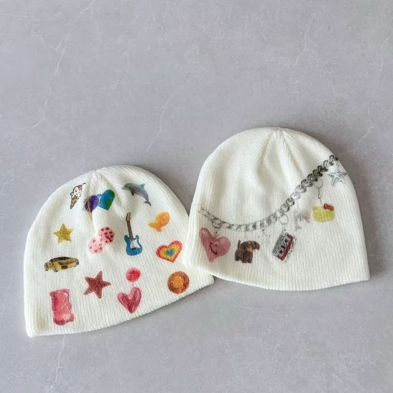 Japanese Subculture Cute Design Knitted Hats Autumn Winter New Kawaii Graffiti Printed Hat Lady Street Sweet Knitted Hat