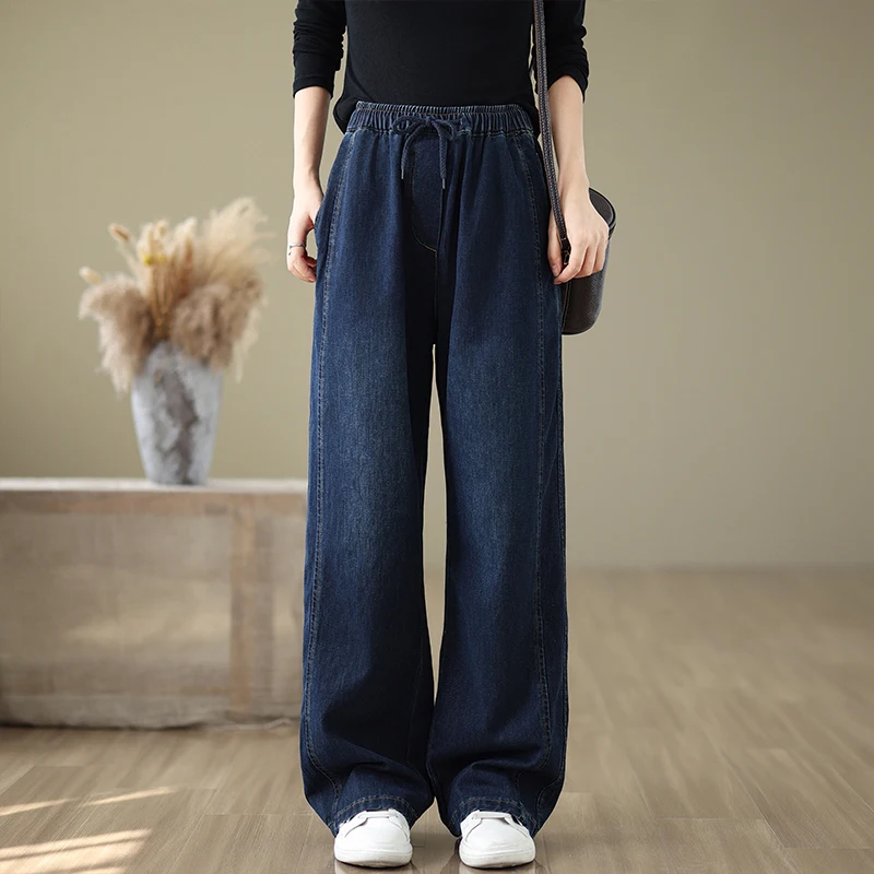 Waed Denim Wijde Pijpen Broek Gordel Pure Kleur Herfst Winter Casual Rechte Pijpen Jeans Dames Faionable Broek