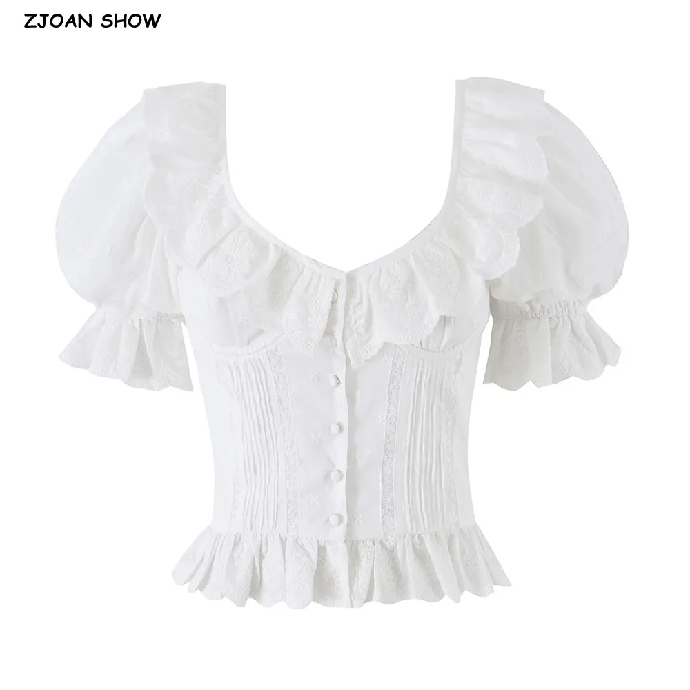 

Sweet White Embroidery Floral Splice Wood ears V Neck Short Puff Sleeve Shirt Women Center Buttons Ruffles Hem Slim Crop Tops