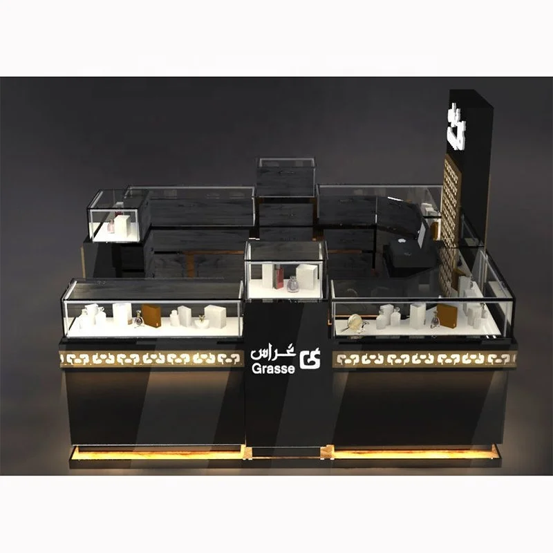 Stand de parfum moderne personnalisé, conception de kiosque de mélangeur, vitrine d'affichage de magasin en verre en bois