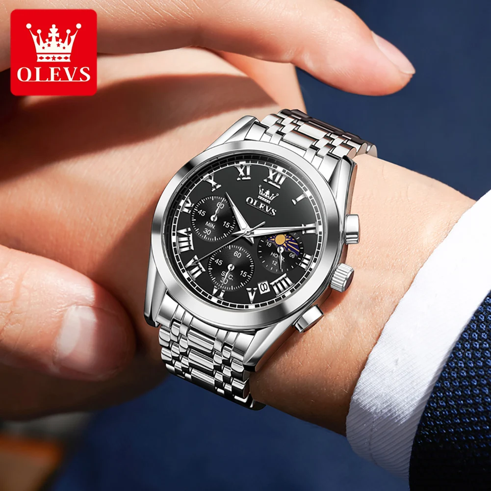 OLEVS 2871 ساعة رجالية ماركة فاخرة ساعة كوارتز أصلية للرجال كلاسيكي مرحلة القمر كرونوغراف مقاوم للماء ساعات رجالية مضيئة