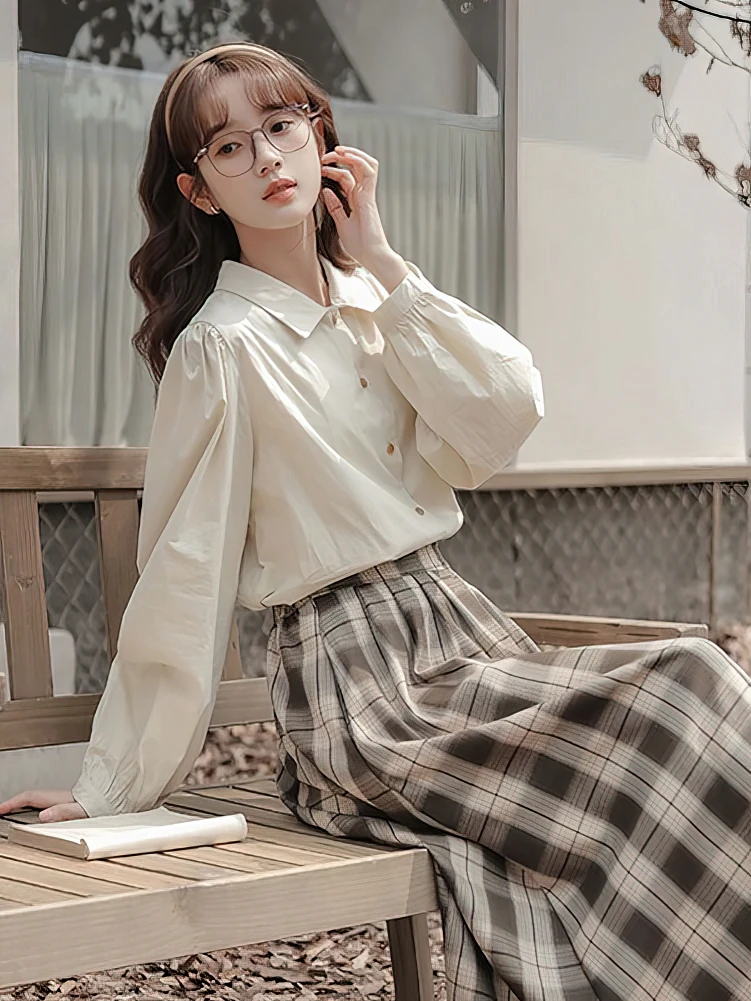 School Vintage Puff Long sleeve Shirt Women Cotton Youthful Basic Casual Blouses Female Top Lady Elegant White Oversized