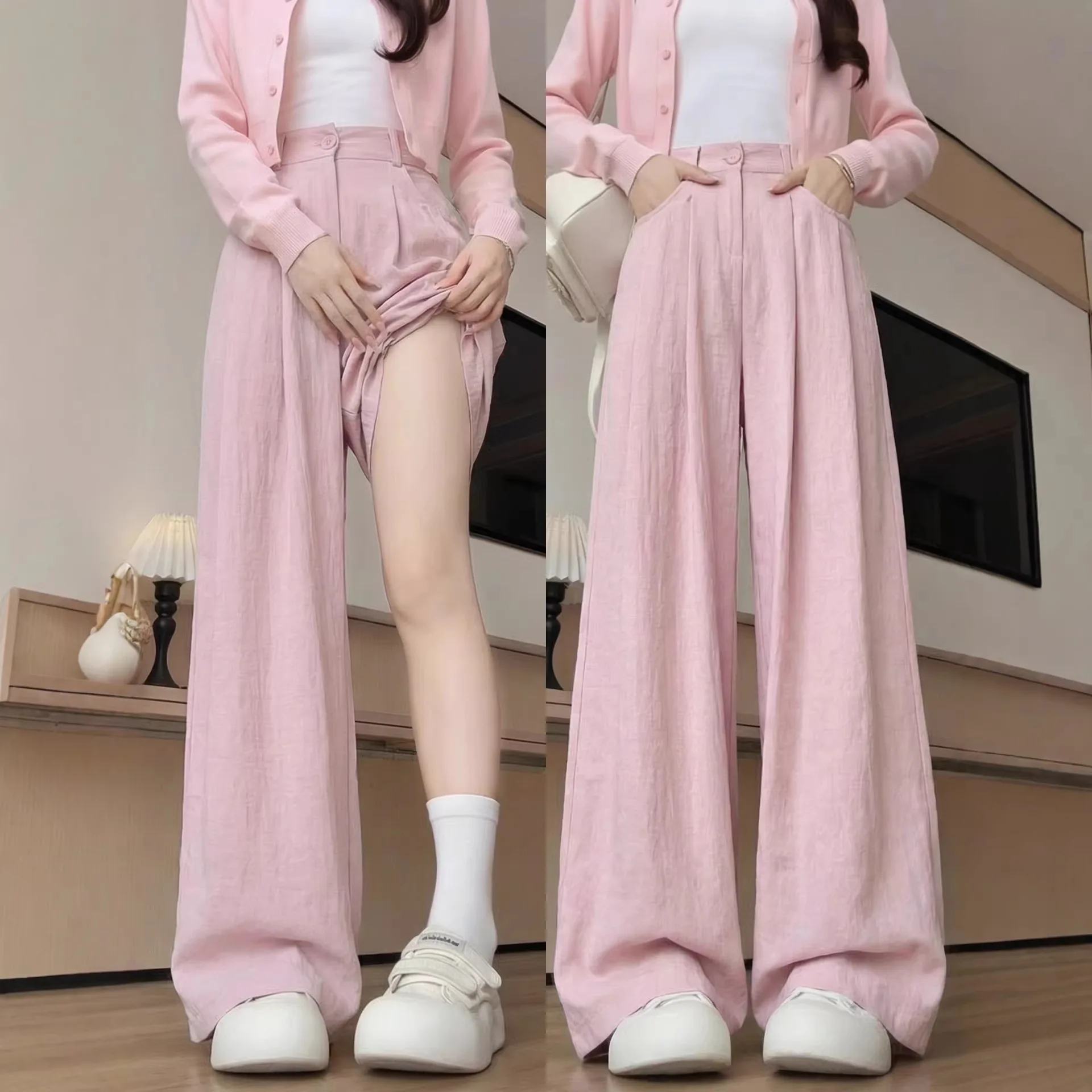 

Розовые широкие брюки-палаццо женские, свободные, в пол, в расслабленном стиле, с высокой талией, повседневные, премиум-качество, драпированные, новинка весна-лето