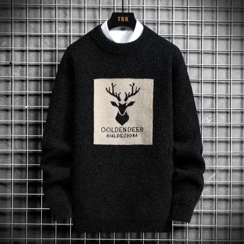 2024 Autumn Vintage Sweaters Oversized Mens Knitted Sweater Men Deer Print Pullover Hip Hop Harajuku White Sweater Men