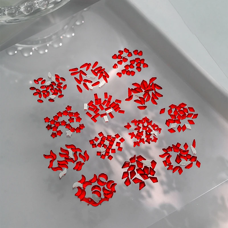 50PCS Mini Chinese Big Red Flatback Diamonds Star Square Glass Nail Art Rhinestones Decorations Manicure Glitter Ornaments