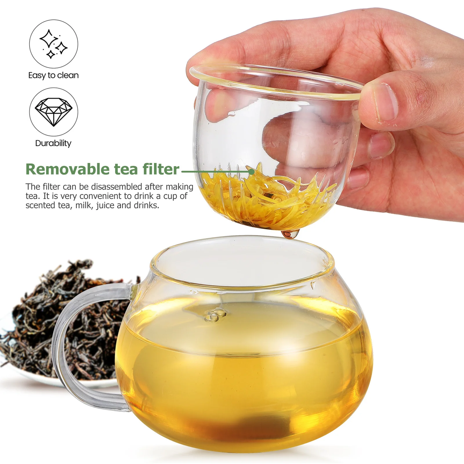 

Clear Glass Tea Cup Set with Strainer Lid Coaster Mushroom Design Mug for Hot Cold Beverages Home Kitchen Use Teacup