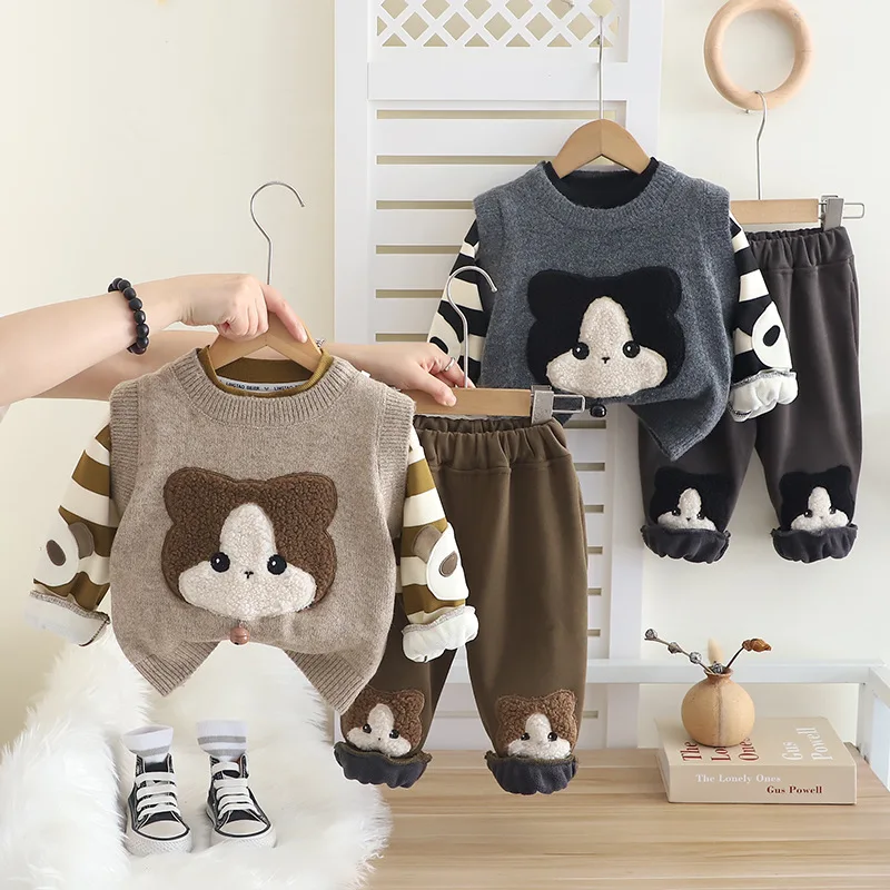 Boys Thick Clothes Sets Winter Children Woolen Jersey Sweaters Vest Sweatshirts Pants 3pcs Cute Warm Suit For Baby Outfits Kids