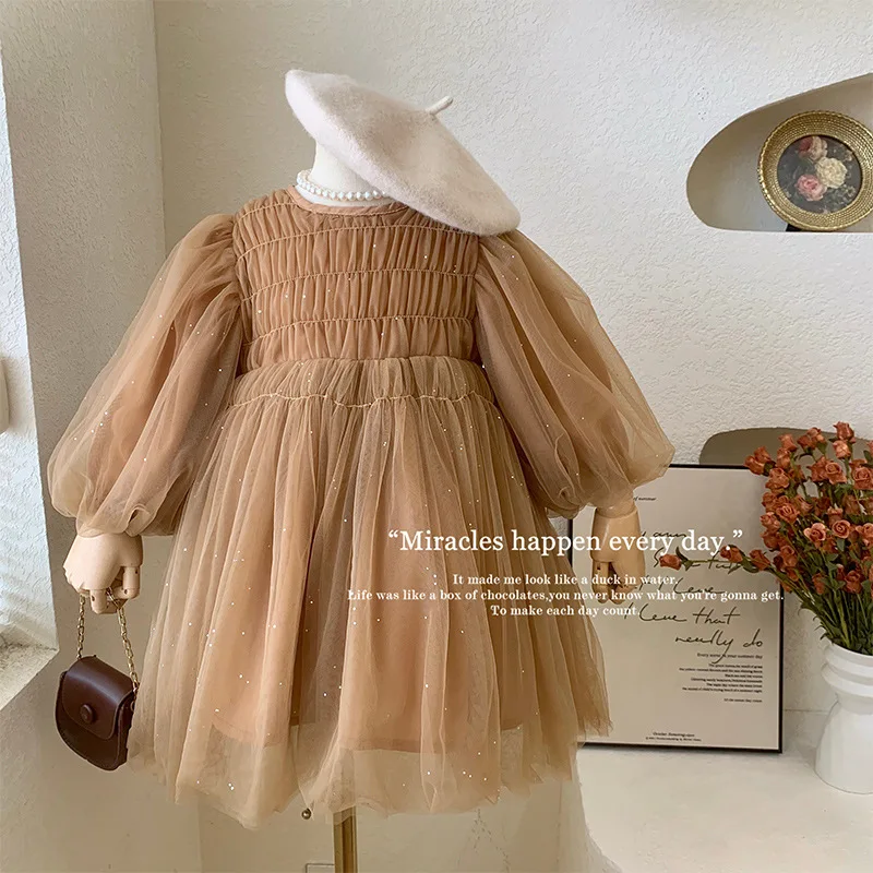 Korean Style New Spring Autumn Kids Girl Dress Long Sleeves Coffee O-neck Mesh Princess Dress Child Clothes E22001
