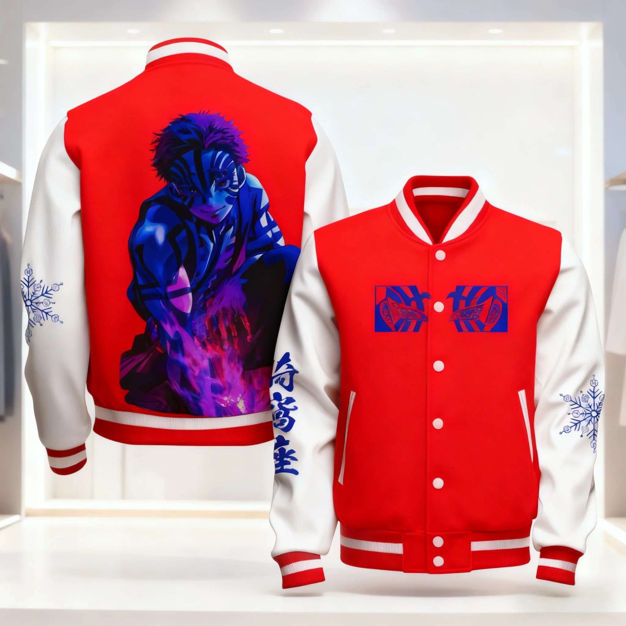 鬼滅の刃 ユニセックス ベースボールジャケット ブラック ホワイト 煉獄杏寿郎 バックプリント パープルヘイズ スノーフレークスリーブ付き