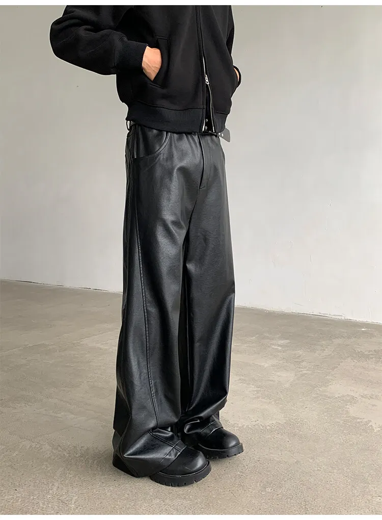 PU Leather Pants men Straight 2025new Spring Men\'s Punk Fashion Hip Hip Men Wide-leg Mopping Trousers Windproof Dark Brown/Black