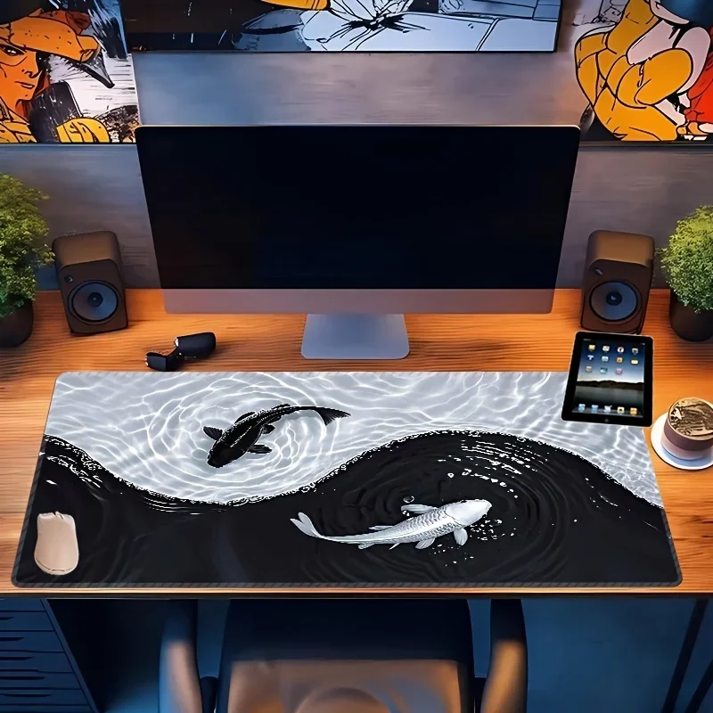 Tai Chi Koi Fish Mouse Pad XXL Large Gaming Desk Mat Non Slip Rubber Base Stitched Edge Waterproof for PC Laptop Office