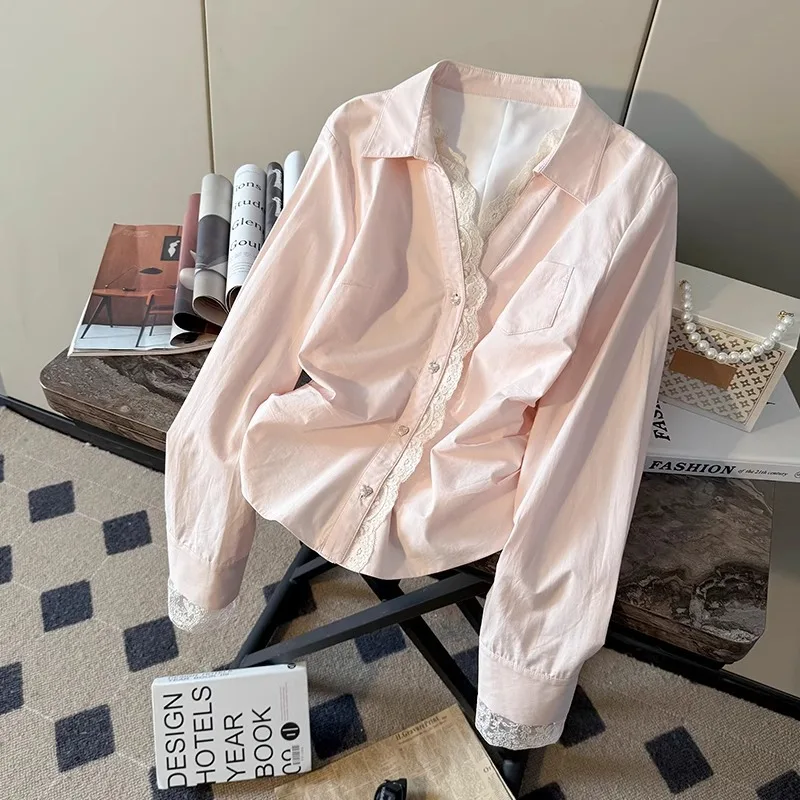 

Women Blouse Pink Lace Splicing Shirt Autumn New Slim Long Sleeve Top French Elegant Ladies Turn Down Collar Versatile Shirts