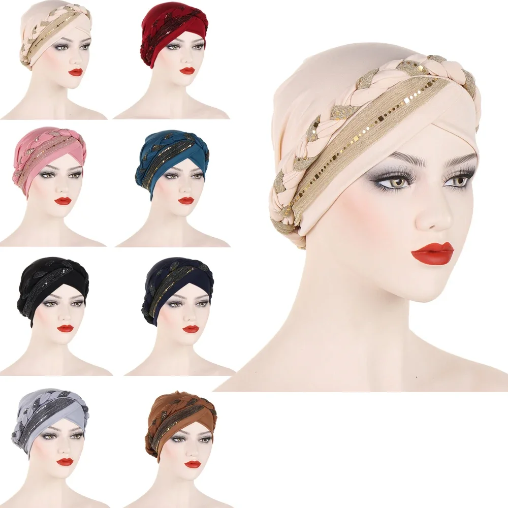 

Fashion Women Muslim Braids Sequin Hijab Bonnet Chemo Caps Underscarf Hair Loss Hat Islamic Headwrap Scarf Beanies Cancer Cover