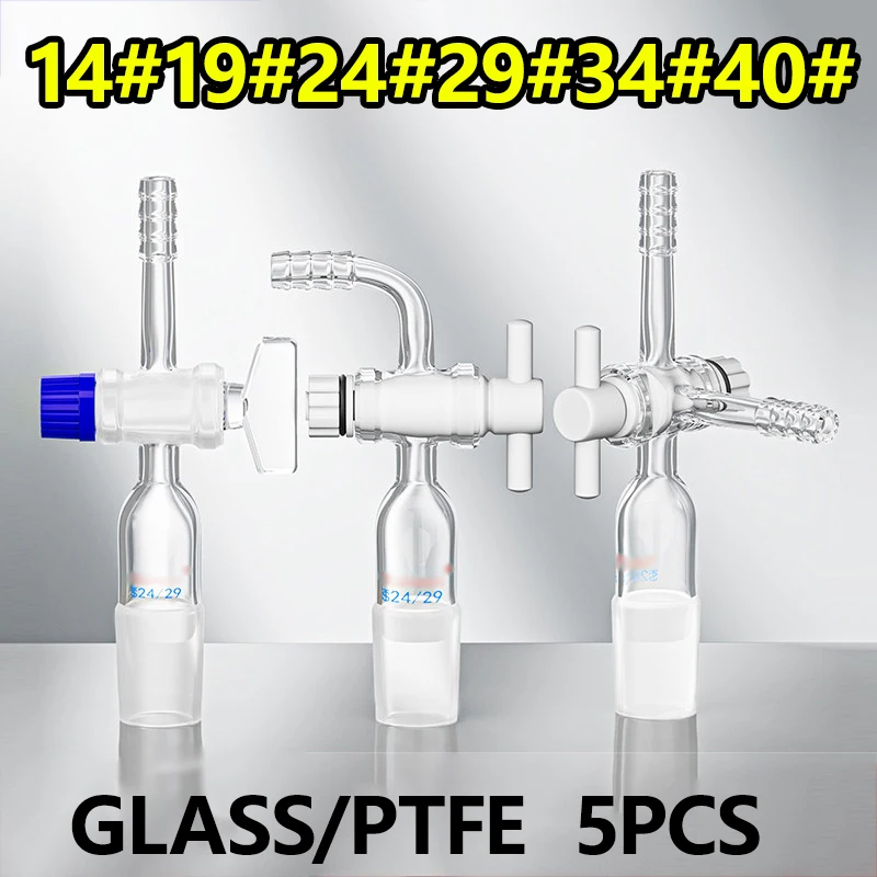 5 pieces of glass piston air extraction joints, three-way and two-way air ducts, glass/PTFE piston valve