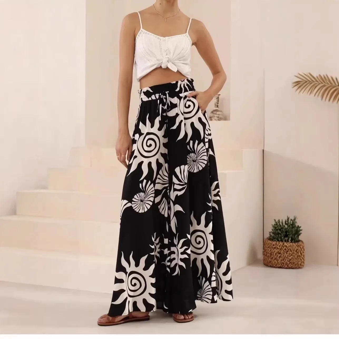 

Модные брюки с карманами и вставками, новинка 2026 года, широкие брюки в богемном стиле с принтом, повседневные свободные брюки с эластичным поясом