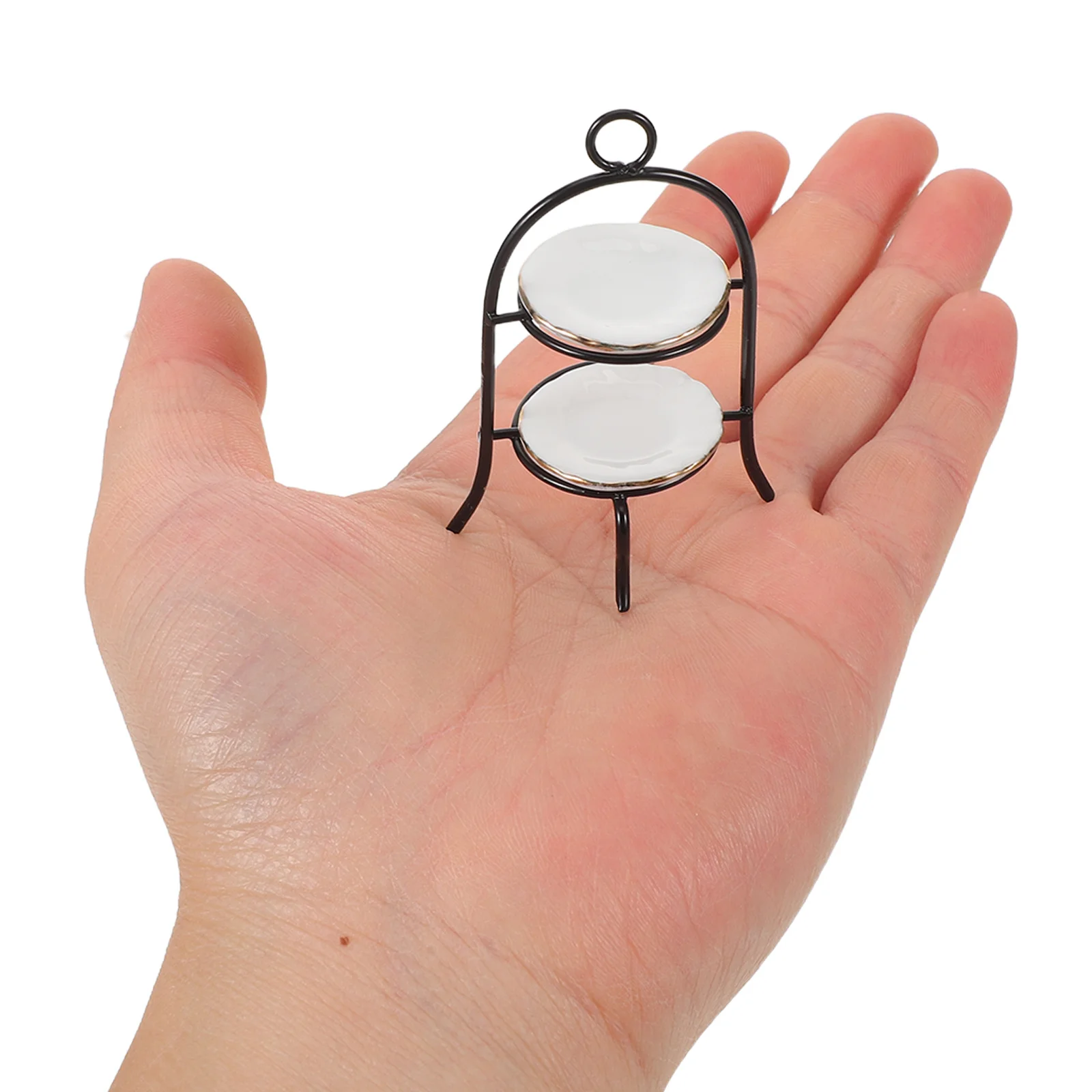 1 conjunto de mini decoração de cozinha: escala 1:12, suporte de sobremesa de 2 camadas, exibição de bolo de cerâmica de metal para cena de cozimento de casa de bonecas