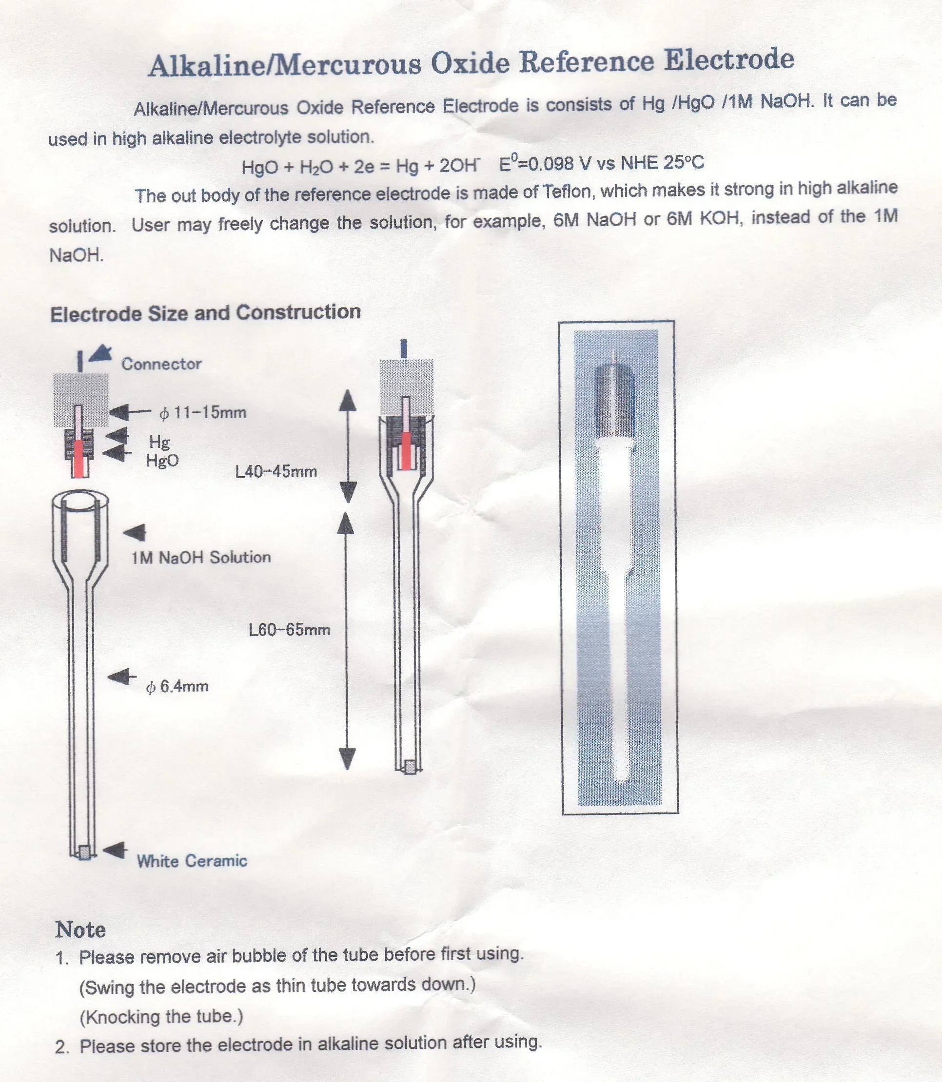 Mercury / mercury oxide reference electrode, Shanghai Chen Hua original CHI152 mercuric oxide electrode, Hg.HgO2.