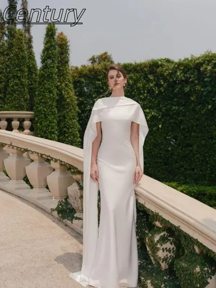 

Luxury Women's Cape Dress Elegant White Satin Cape Simple Bridal Gown Customizable