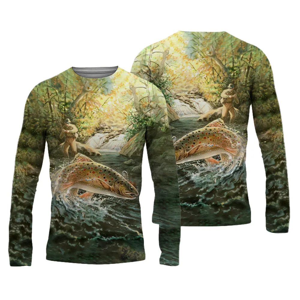 Men's 3D Printed Fishing Clothing T-shirt Long Sleeve Summer Outdoor Sports Round Neck T-shirt Casual Simple Breath men's Top