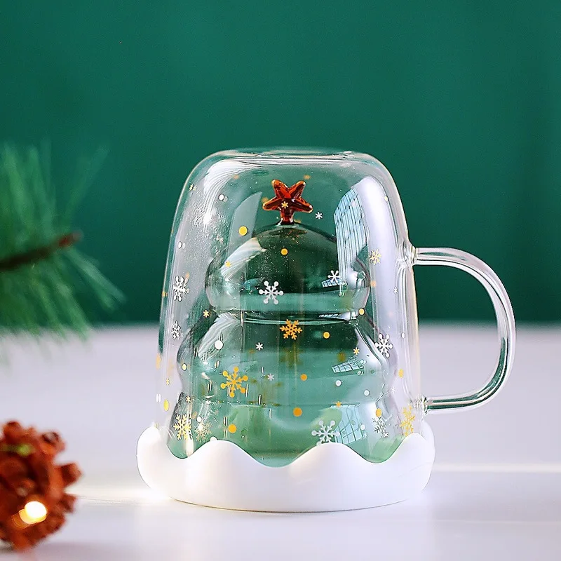 2023 Creative Christmas Mug Glass Christmas Tree Star Cup High Temperature Double Water Cup Party Xmas Gifts Glass With Lid