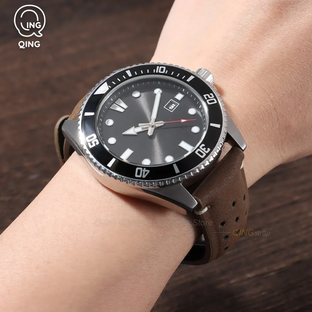 18mm 20mm 22mm Matte Perforated Breathable Leather Watch Strap Business Deployment Clasp Watch Band for Seiko for Rolex Bracelet