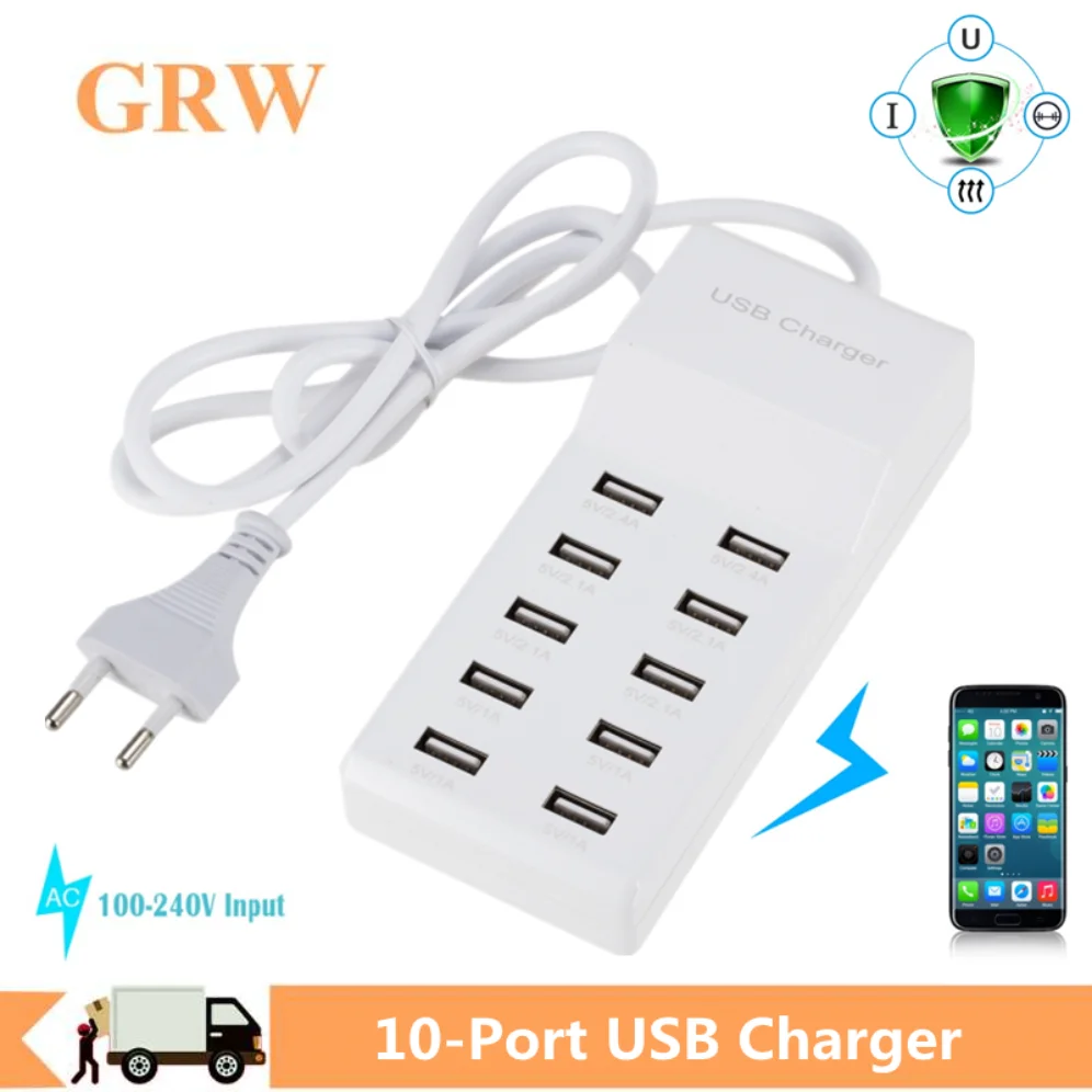 GRWIBEOU 10 USB Charger Station Splitter 60W Mobile Phone Charger HUB Smart IC Charge Universal for iPhone ipad Samsung MP3