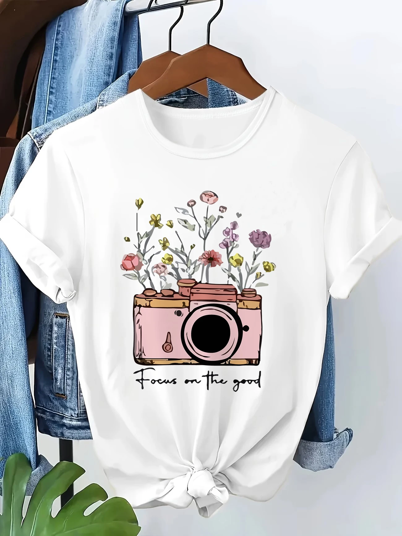 Vintage Y2k 90er Jahre Kamera-Blumen-Shirt Damen Lässiges Kurzarm-Rundhals-T-Shirt mit Aufdruck Harajuku Kurzarm-T-Shirt