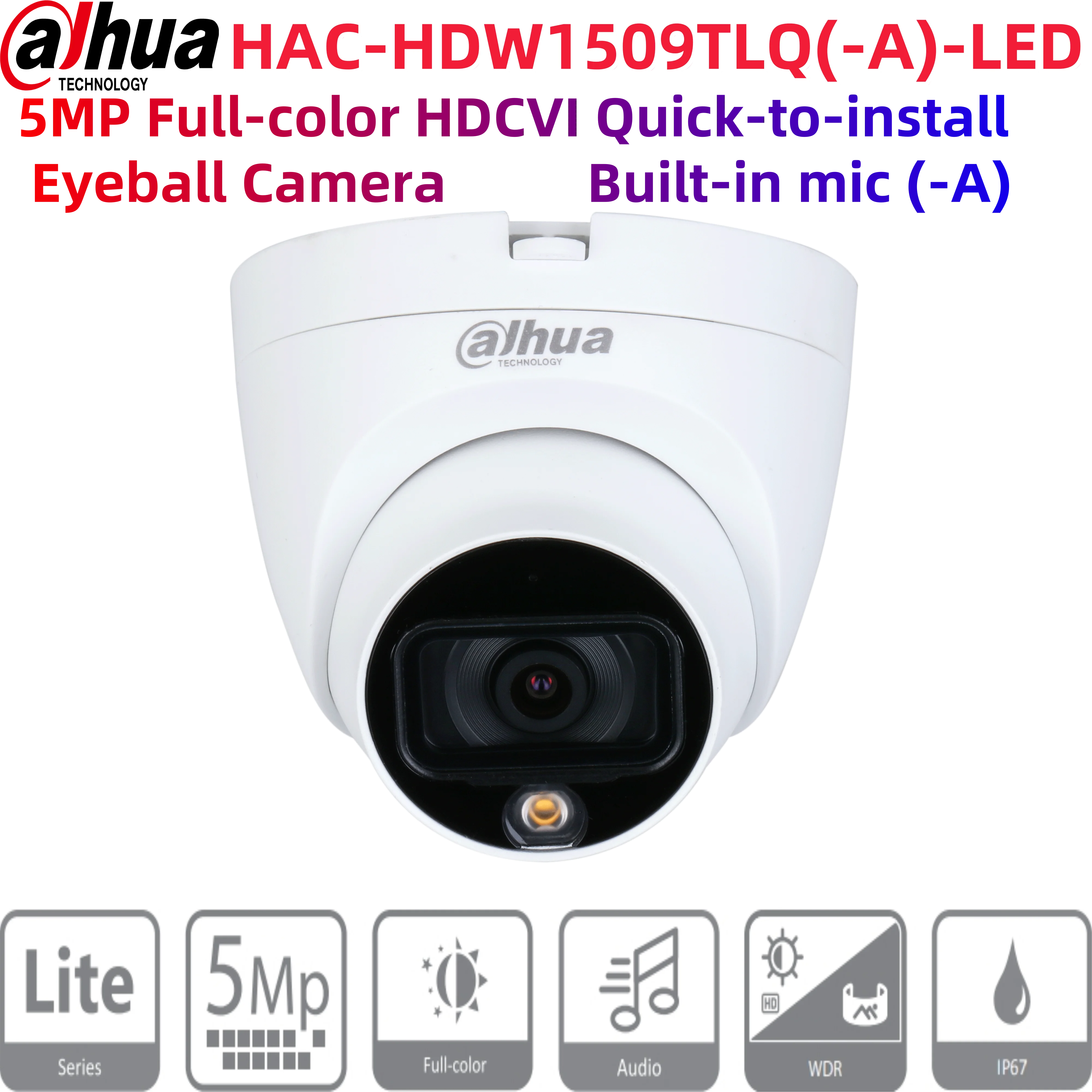 dahua HAC-HDW1509TLQ(-A)-LED 5MP Full-color HDCVI Fixed-focal Eyeball Camera Built-in Mic 30 m illumination distance IP67