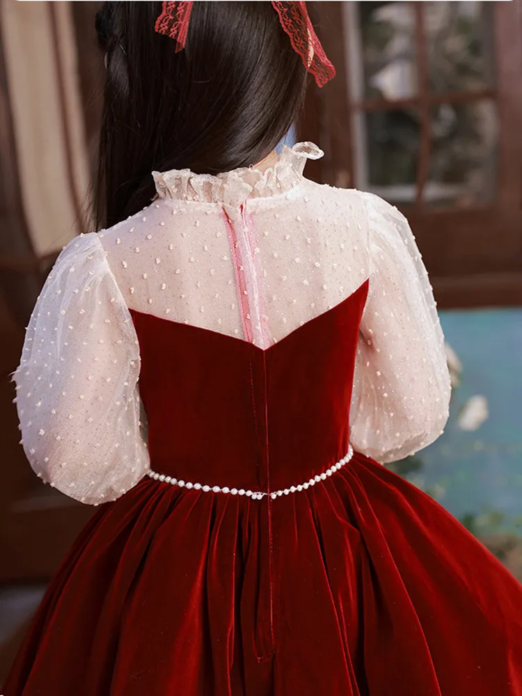 New Luxury Evening Dress for Girls Children Beading Ball Gowns Children Piano Performance Costume Teenagers Elegant Red Vestidos