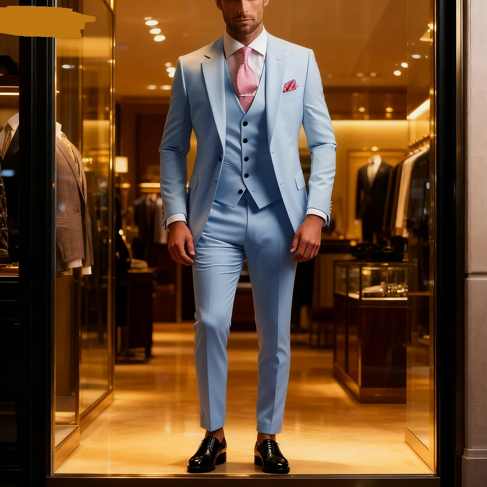 

Men's 3 Piece Pink Slim Fit Tuxedo Suit with Pants And Vest Classic Plain Color Wedding Groom Custom Outfit