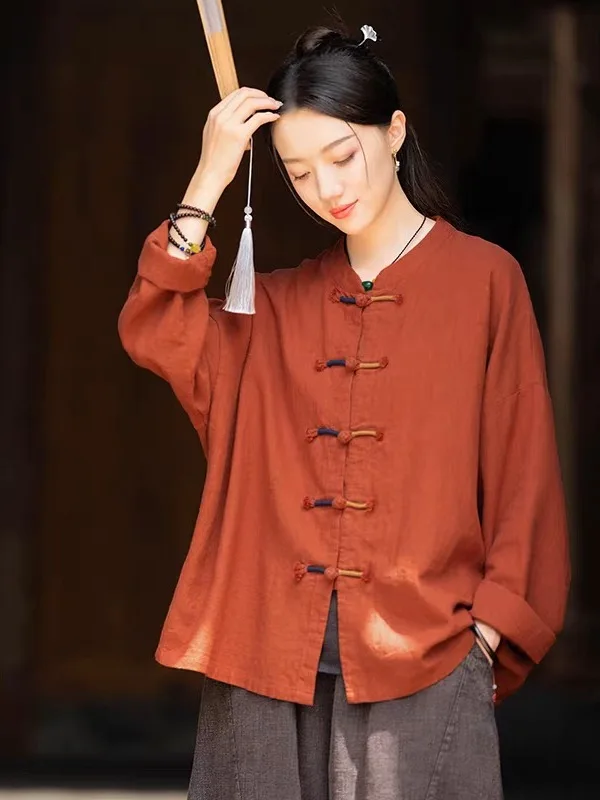 신상 중국 스타일 여성 봄 가을 면 린넨 태극복 버튼 카디건 세트 루즈핏 롱 슬리브 캐주얼웨어