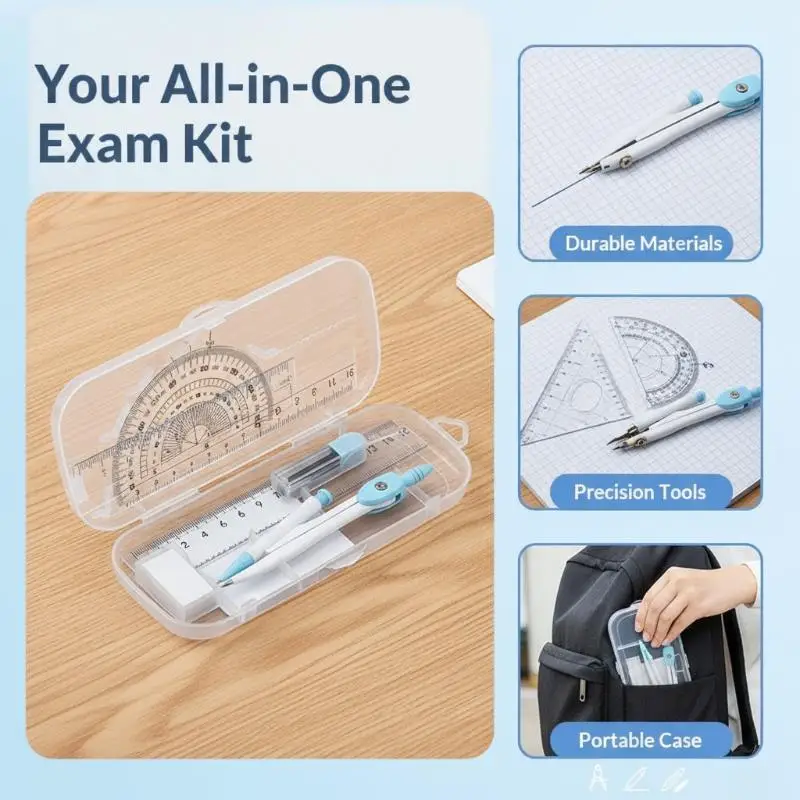 8PCS/Set Plastic Ruler Compasses Set Eraser Transparent Protractor Set Square Straight Ruler Measuring Ruler School Office