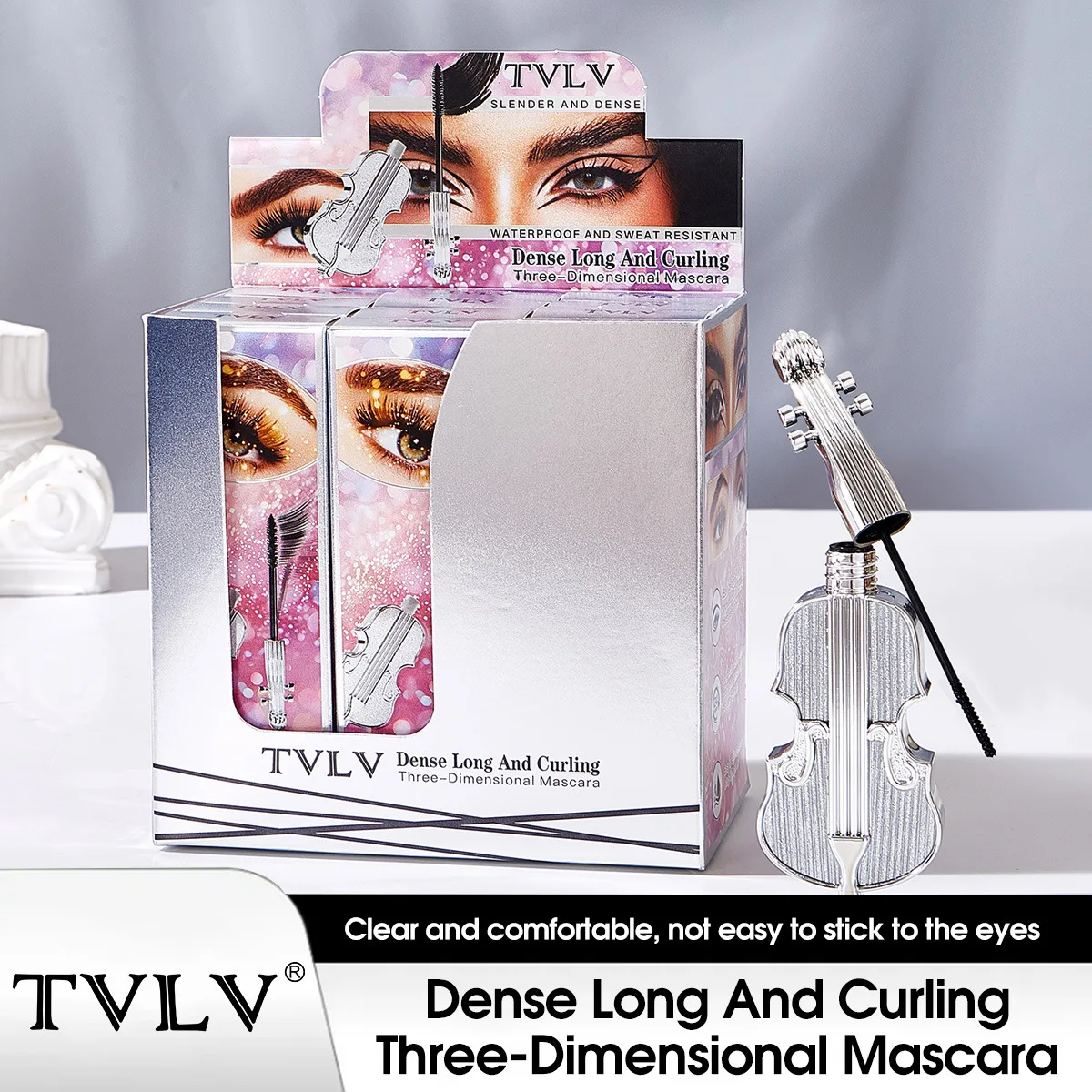 TVLV Violin Mascara 3D Thick Curling Waterproof Sweatproof Long Lasting 24 Hours Lengthening Eye Makeup