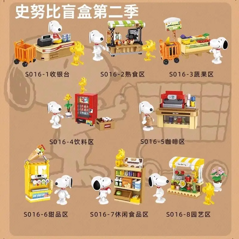 Figurine de boîte aveugle Snoopy, dessin animé Kawaii, café, vue sur la rue, blocs de construction, ornements de guérison émotionnelle, cadeau