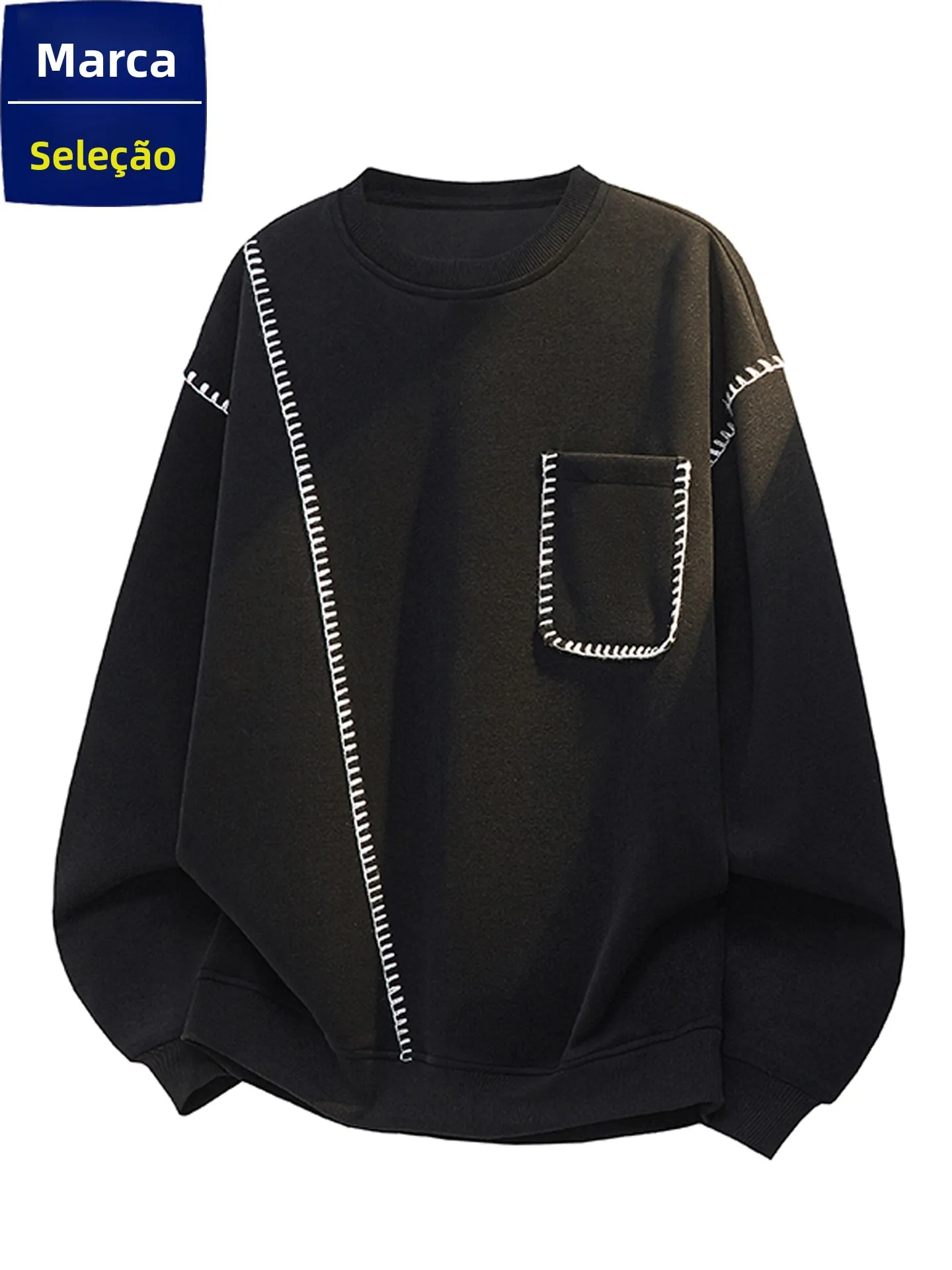 Camiseta Masculina de Algodão e Linho com Gola Redonda, Manga Longa, Estilo Casual, Solta, Versátil e Confortável para Primav...
