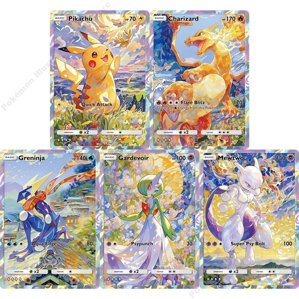 5 Cartas Pokémon Charizard Greninja Mewtwo Gardevoir PTCG, Cartas de Jogo Brilhantes e Criativas, Cartas Pokémon Holográficas Raras, Presente