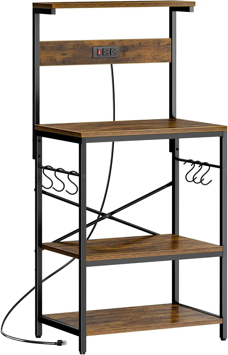 

4-Tier Kitchen Bakers Rack with Power Outlets, Microwave Stand and S-Hooks for Spice Storage in Rustic Brown