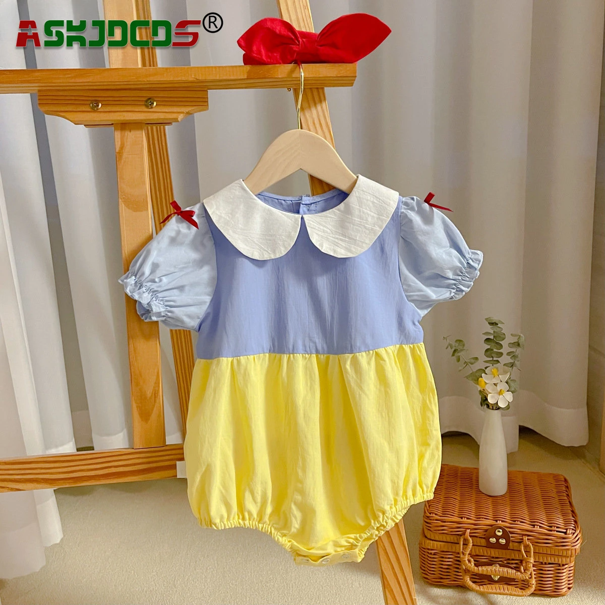 

Bodysuits Headbands 2024 New In Summer/Spring Newborn Infant Baby Girls Peter Pan Collar Patchwork Bow Outwear Kids Jumpsuits